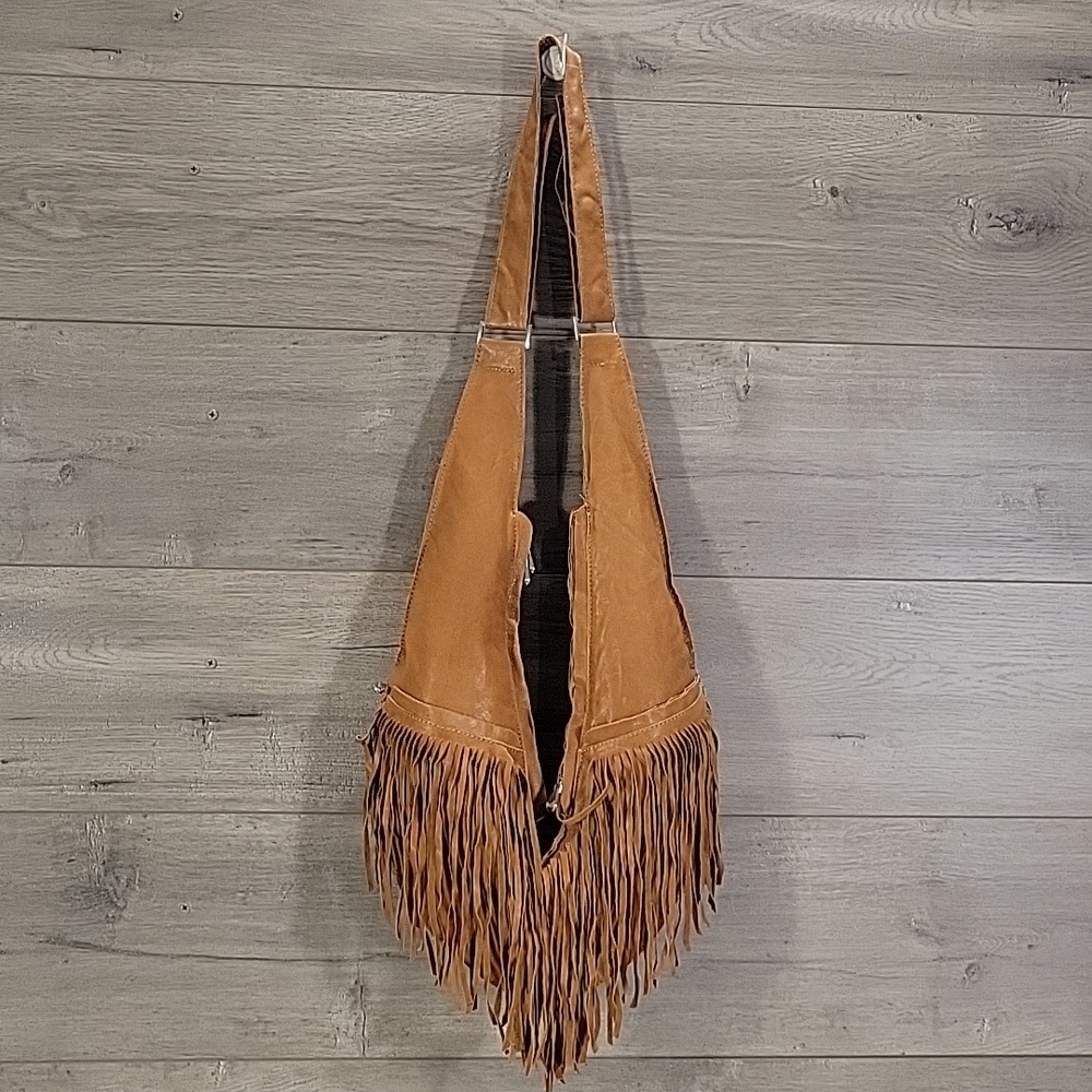 Sash Fringed Soft Leather Hobo Bag in Warm Cognac